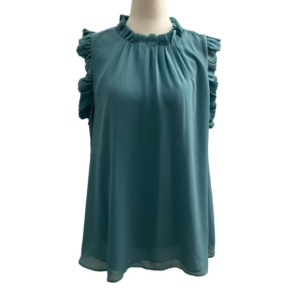 Ann Taylor Blue Sleeveless Ruffle Trim Top Size L 39-17 - Picture 1 of 6